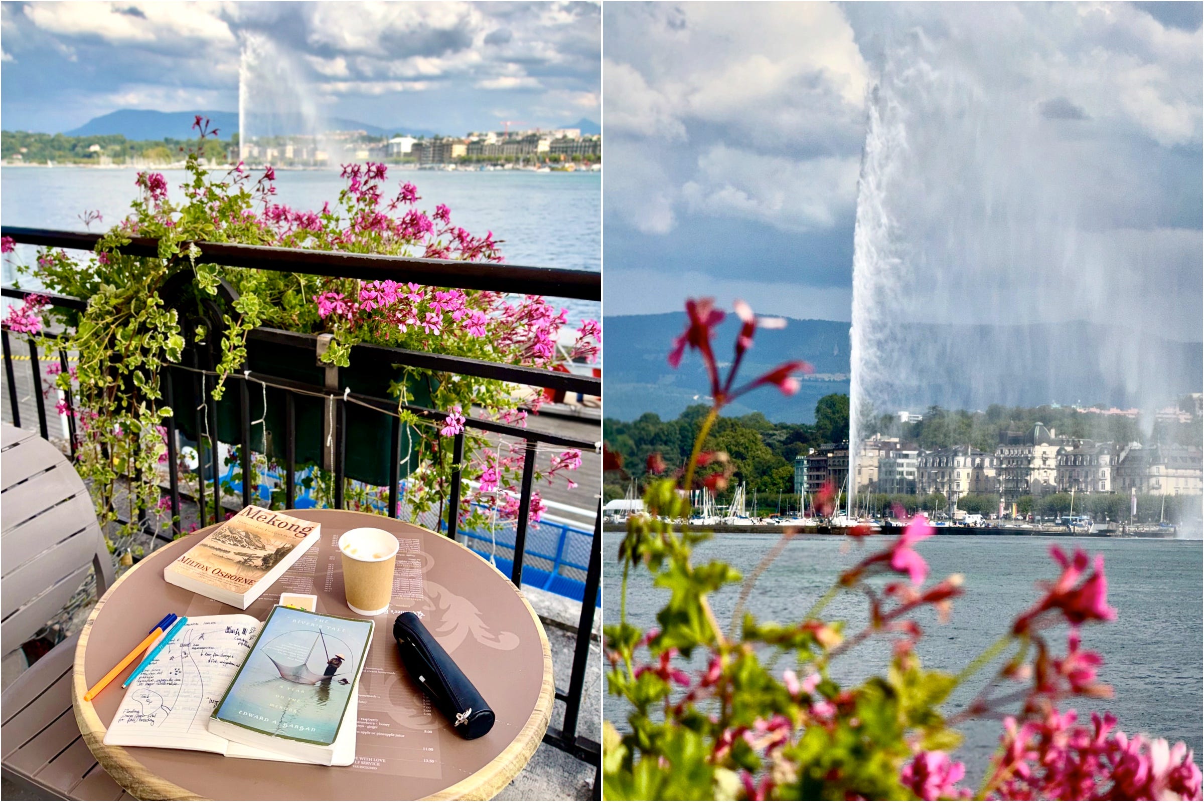 Photo of a coffee table outside with books and notebooks resting on it, beside Lake Geneva with the Jet 'Eau fountain in the distance and a second photo, a close up of the fountain with out-of-focus, pink flowers in the foreground.