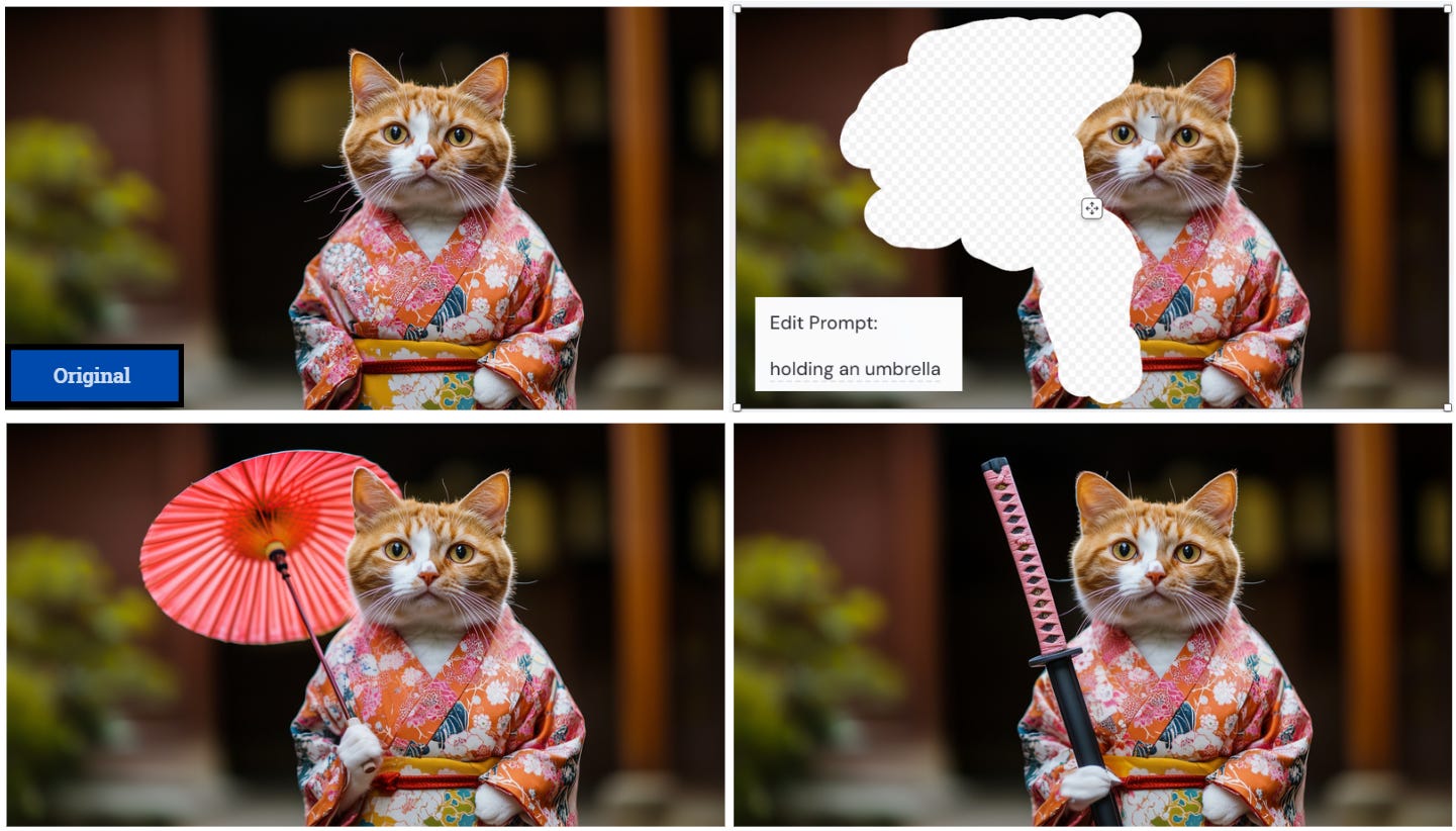 Image 1: Original image. Image 2: Erase the area and enter the prompt "holding an umbrella". Image 3: Nice umbrella. Image 4: Holding a samurai sword, with an additional edit. 