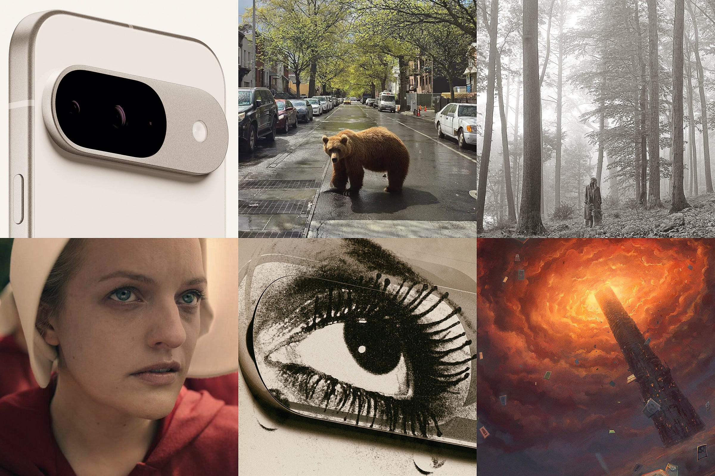 Grid of six images (left to right, top to bottom): Google Pixel 9 Pro, AI-generated bear in a Brooklyn Street (photo: Chris Welch), cover of Folklore album by Taylor Swift, Elizabeth Moss in the Handmaid's Tale, photo of a human eye by Man Ray, cover of Slay the Spire video game.