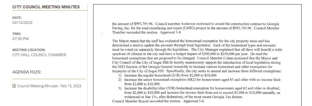 May be an image of blueprint and text that says 'CITY COUNCIL MEETING MINUTES DATE: 02/13/2023 TIME: 07:30 PM amount Council member Paving, .fo road esurfacing Thatcher seconded motion. Approved MEETING LOCATION: CITY HALL COUNCIL CHAMBER need motioned award construction contract Georgia the amount Council update AGENDA FILES: local city the Session ç Council Meeting Minutes Feb changed. types threc Member 2023 vide homestead Mayor and uring (SR2) $10,000 Council aged excmptions: older incom Roszel income imit tor homeowners aged mn excoed Georgia Tax Return. Approved nd lder 0,000 disabled, as'