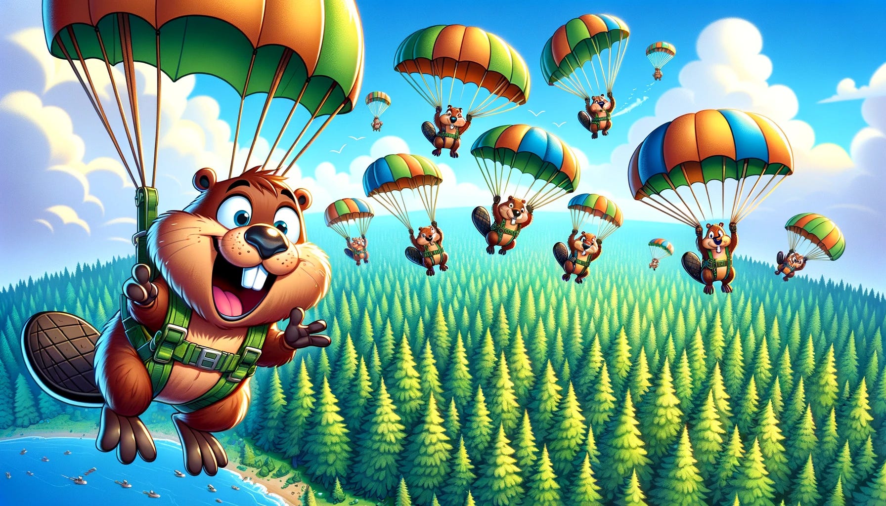 A cartoon scene featuring several beavers parachuting into a dense forest. The beavers, each with a different expression of excitement and surprise, are equipped with colorful parachutes. The forest is lush with a variety of trees, such as pines and oaks, and the sky is bright blue with fluffy white clouds. The perspective is from above, showing the beavers descending towards the treetops. The image should have a playful, vibrant color scheme, highlighting the whimsical nature of the scene.