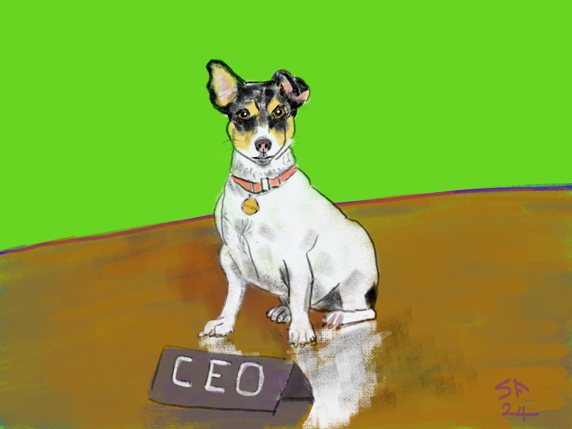 Cartoon: fox terrier on large office desk, sign 'CEO'.
