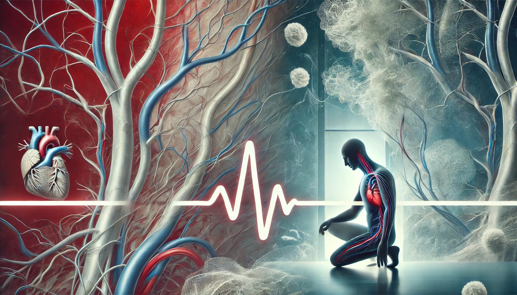 A high-definition poster in landscape format, depicting a thought-provoking and intense medical theme. The background shows a muted image of arteries intertwined with subtle white clot-like textures symbolizing fibrin, with an abstract impression of a heartbeat line connecting the scenes. In one corner, a person using a mild hyperbaric oxygen therapy tent is faintly visible. To the right, a silhouette of a figure stands, suggesting symptoms like fainting or weakness, with a white gradient symbolizing potential recovery through treatment. The color palette is medical and scientific, blending blues and whites with hints of red for emphasis on blood flow and clotting issues. Professional, engaging, and balanced with a medical and scientific feel.