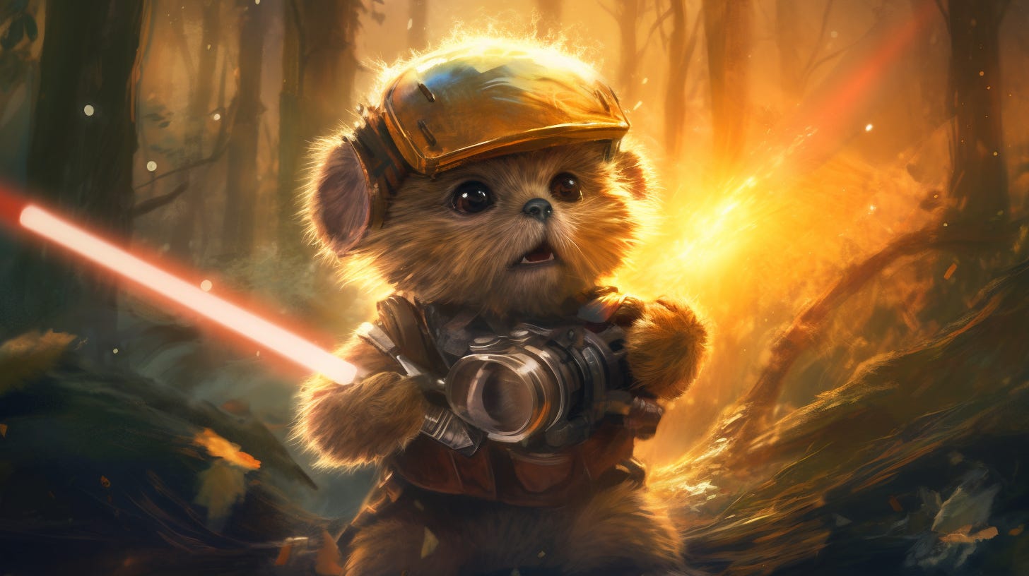AI-generated illutration of an Ewok as a Jedi Knight