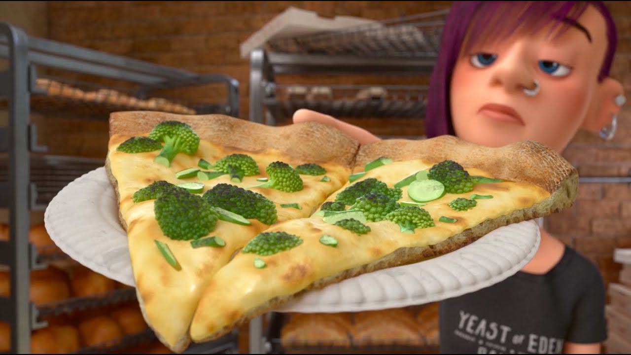 Un'immagine di Inside Out 1, in primo piano una pizza ai broccoli che secondo la protagonista dovrebbe essere disgustosa.