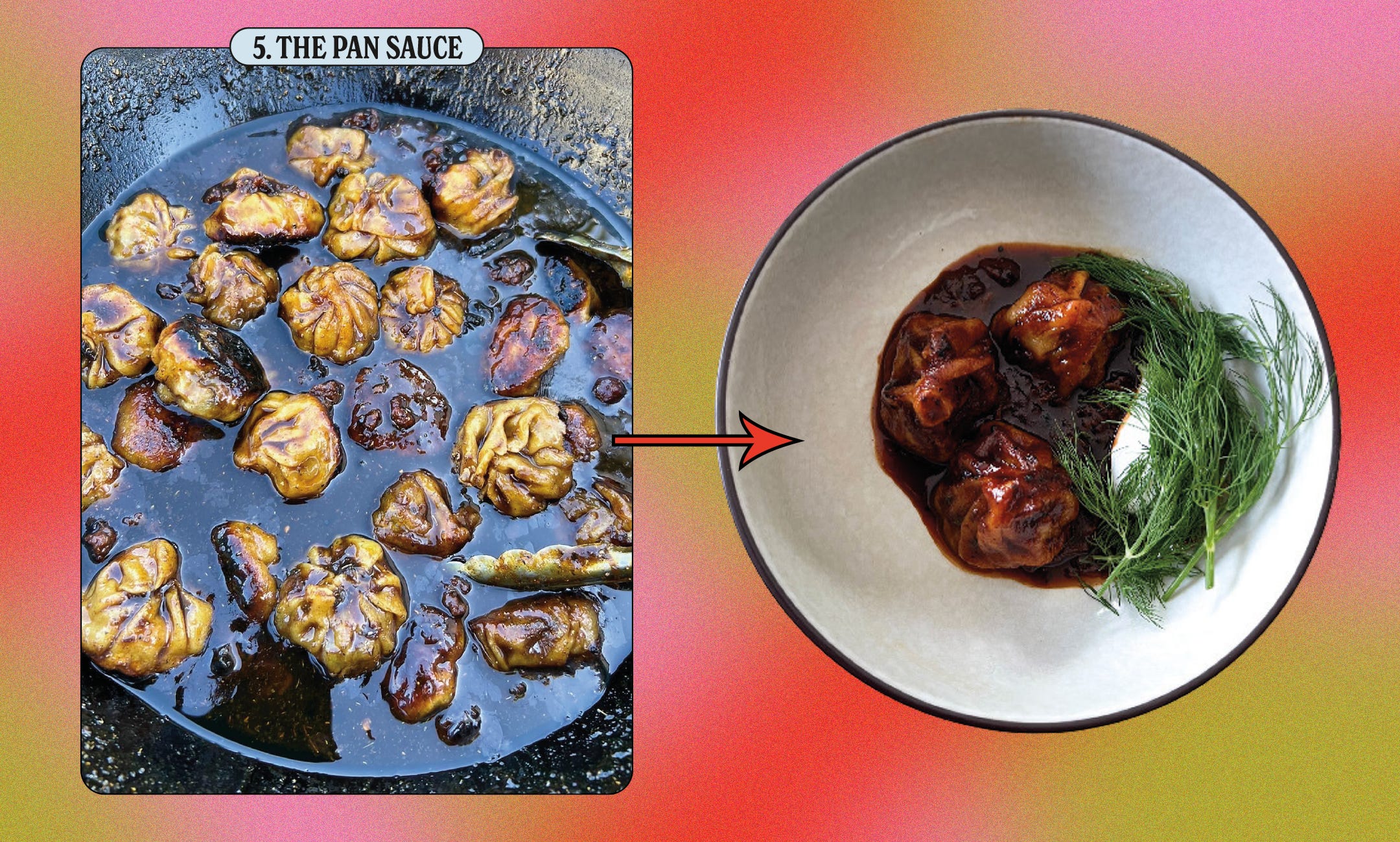 On the left, pan seared khinkali in pan sauce, on the right, plated in pan sauce and garnished with dill