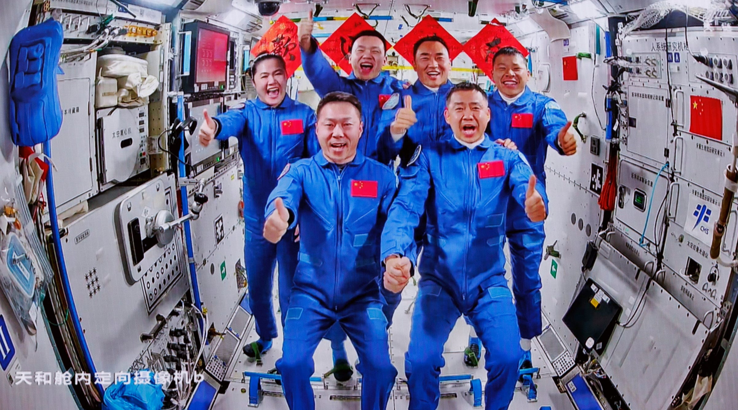 Wang Haoze (top left), Song Lingdong (top center left), Chen Zhongrui (top center right), Wang Jie (top right), Cai Xuzhe (bottom left), and Chen Dong (bottom right) inside the Tianhe module. Wang Haoze (top left), Song Lingdong (top center left), Chen Zhongrui (top center right), Wang Jie (top right), Cai Xuzhe (bottom left), and Chen Dong (bottom right) inside the Tianhe module.