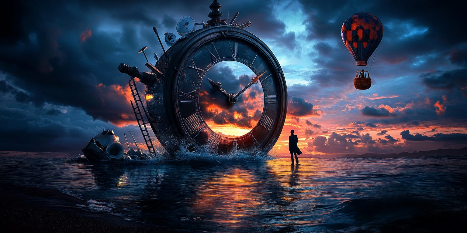 A lone figure stands at the edge of a giant clock face that's partially submerged in a calm ocean. 