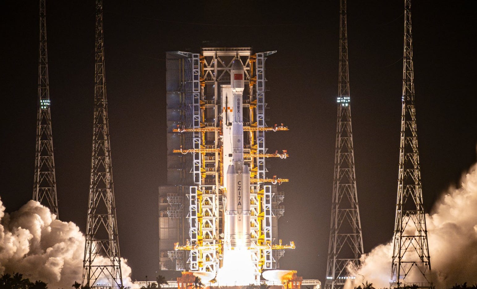 The Long March 7A Y15 vehicle lifting off from Launch Complex 201 at the Wenchang Space Launch Site. The Long March 7A Y15 vehicle lifting off from Launch Complex 201 at the Wenchang Space Launch Site.