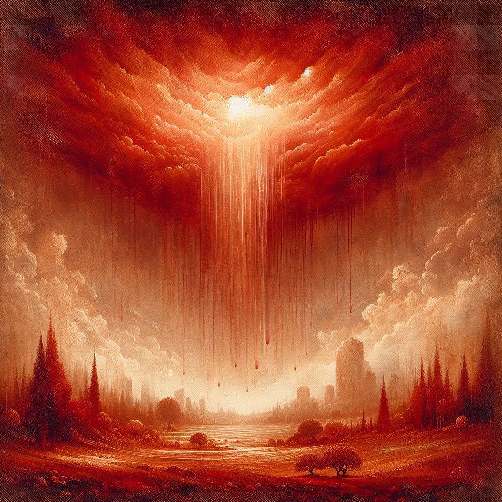 earthy red-toned depiction of the sky falling