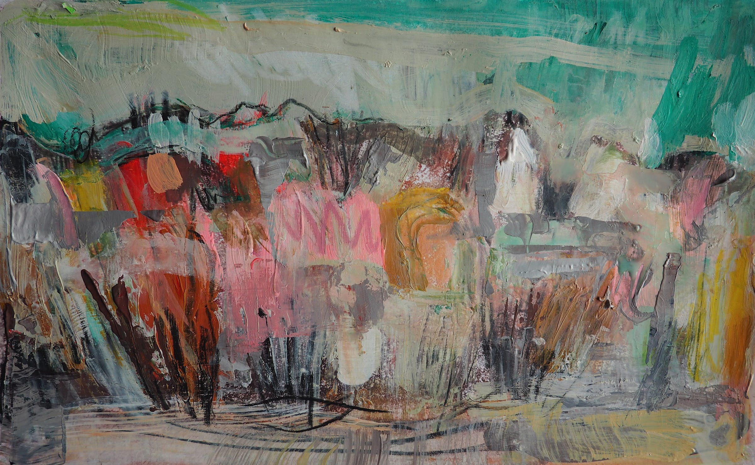 Mixed-media landscape from sketchbook by Julia Laing