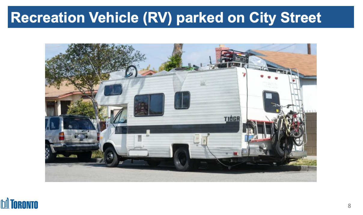 Presentation slide showing large RV with accessibility permit parked on a city street