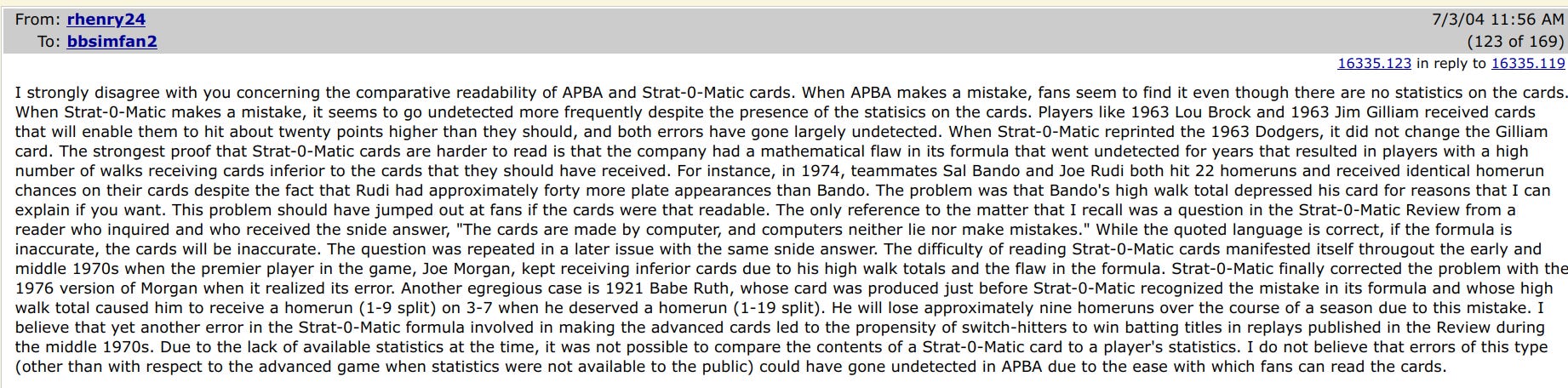 Robert Henry Strat-O-Matic Baseball