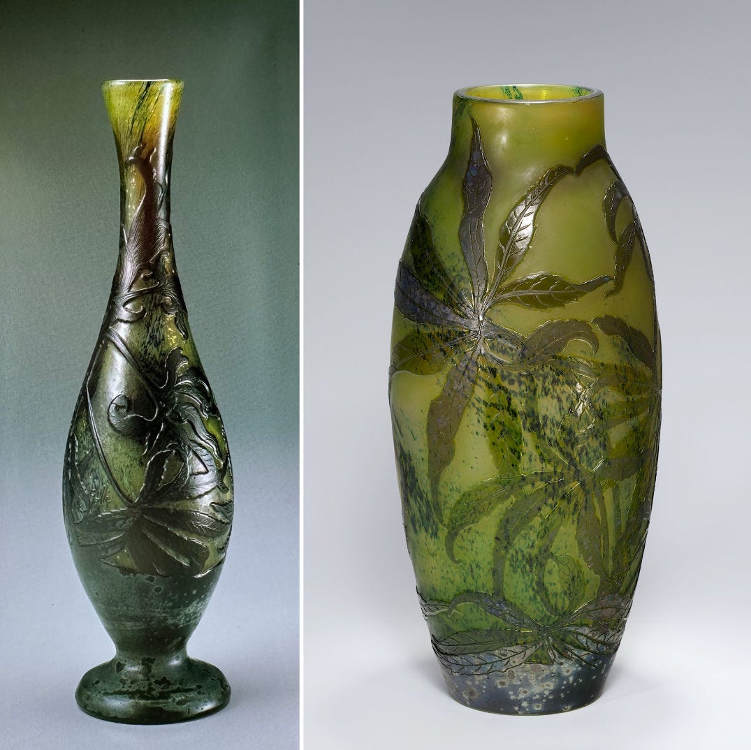 Émile Gallé or Établissements Gallé, Helleborus Foetidus, Kitazawa Museum, left (Kiyoshi Suzuki 1994, cat. 210) and Kunstpalast, Düsseldorf, Glasmuseum Hentrich, gift of Helmut Hentrich, mkp.P 1970-228, right (photo: LVR-ZMB, Horst Klberg 2013).