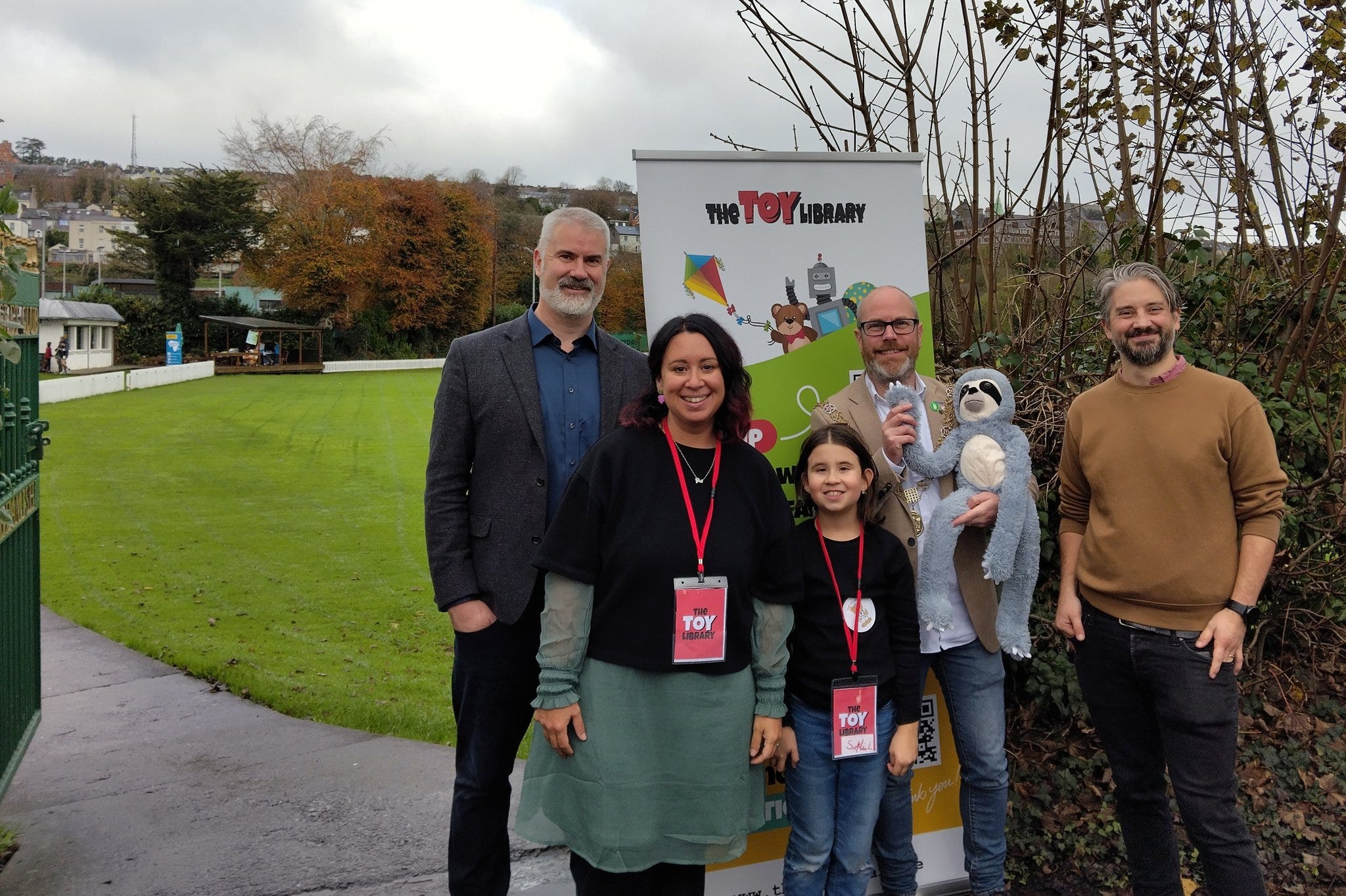 Oliver Moran deputising for the Lord Mayor at the Toy Library with volunteers and officials from the Local Enterprise Office at the Cork cricket grounds on the Mardyke.