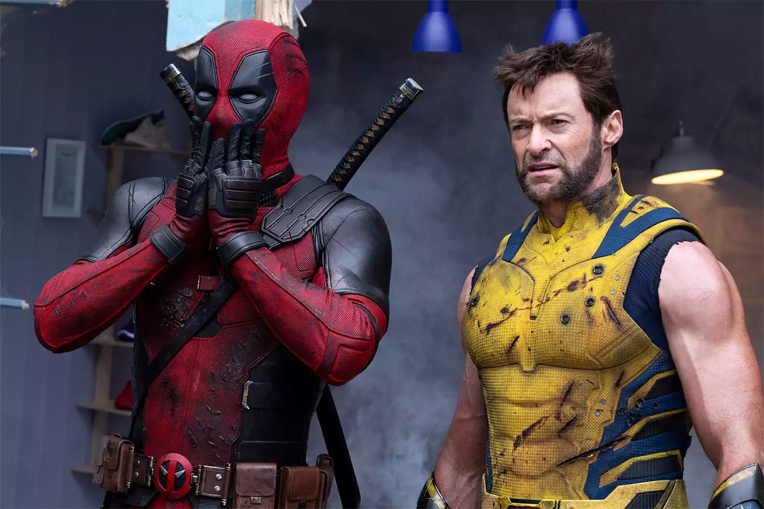 Photo of the characters Deadpool and Wolverine on set in the movie Deadpool & Wolverine