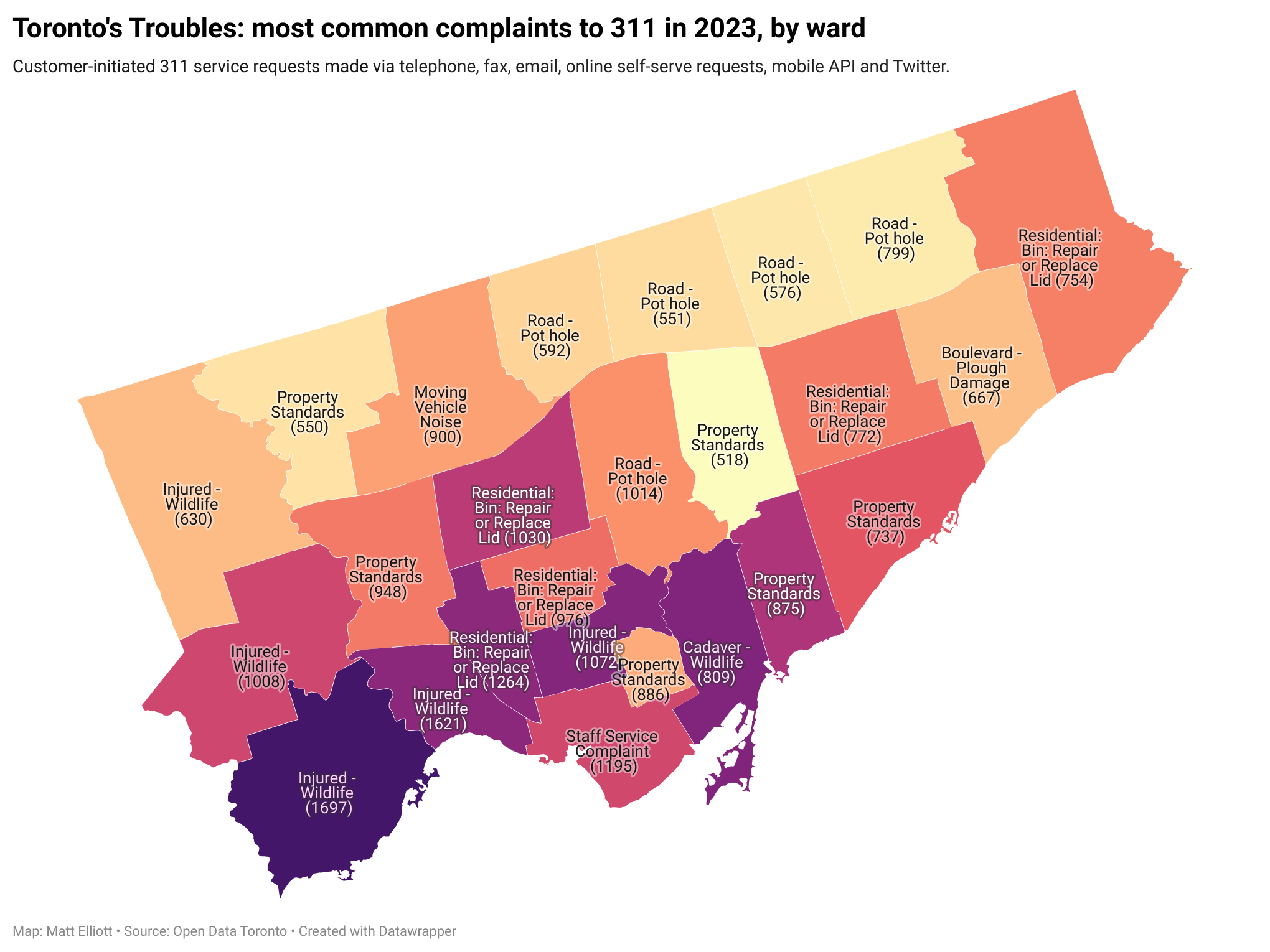 Map of Toronto wards with top 311 service request from 2023