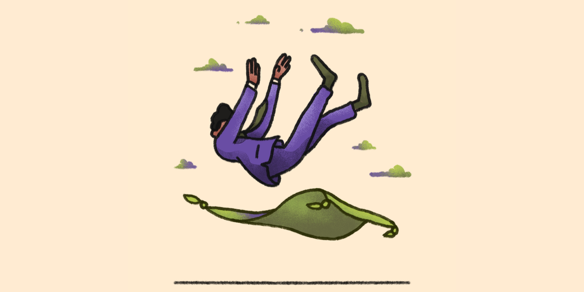Art showcasing a man wearing a suit falling from the sky and about to land on a carpet floating just above the ground
