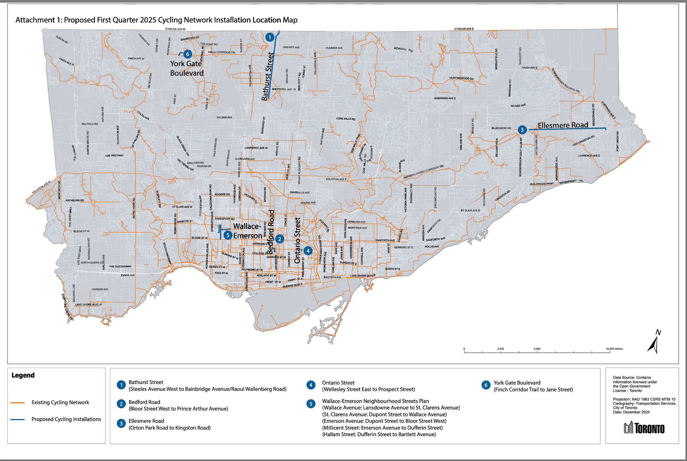 Map of Toronto highlighting planned Q1 2025 bike lane installations. Major projects include Complete Streets along Bathurst Street (south of Sheppard to Steeles) and Ellesmere Road in Scarborough. The map indicates new cycling infrastructure designed to improve safety and minimize impact on car lanes