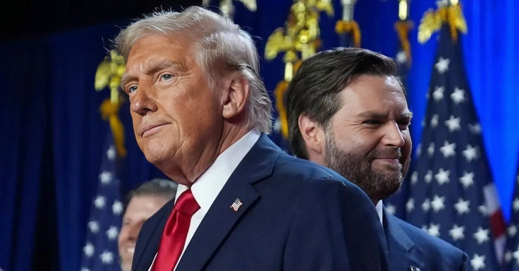 Donald Trump standing before a patriotic background, symbolizing strength and leadership.