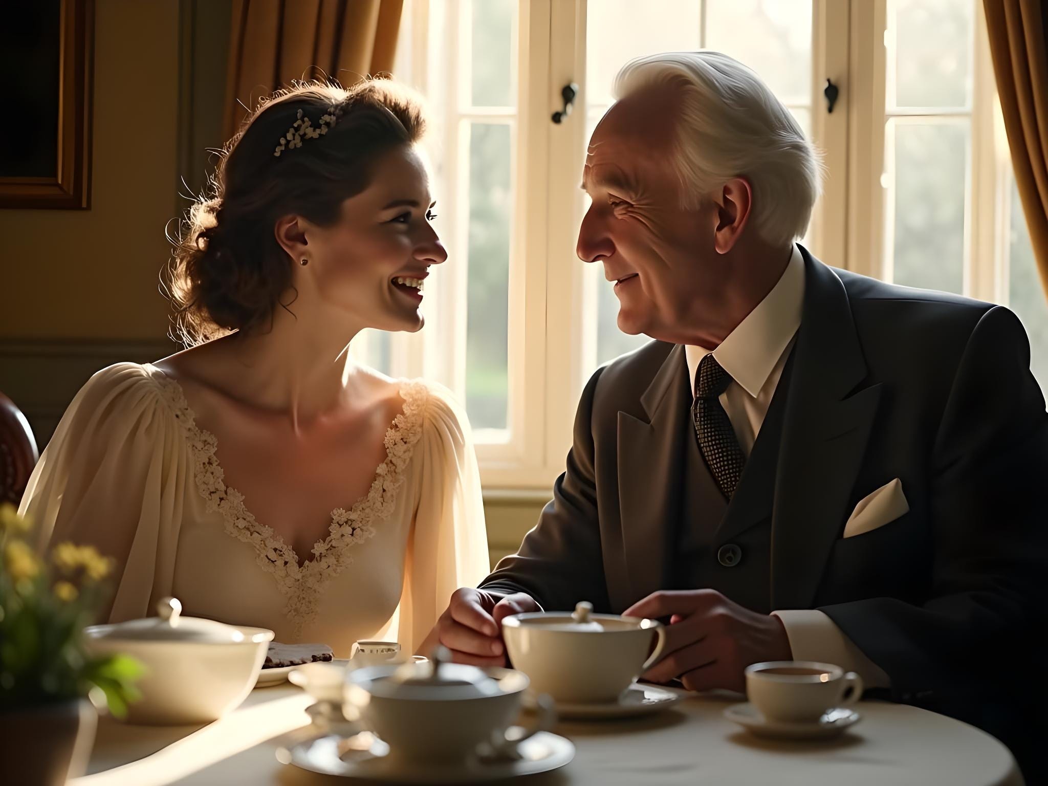 A young English woman and an older gentleman on the verge, on the precipice of a sensational love affair. They are gazing happily at each other over teacups