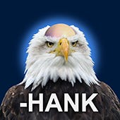 a square image of a bald eagle photoshopped with a human's bald head w the word "-Hank" 