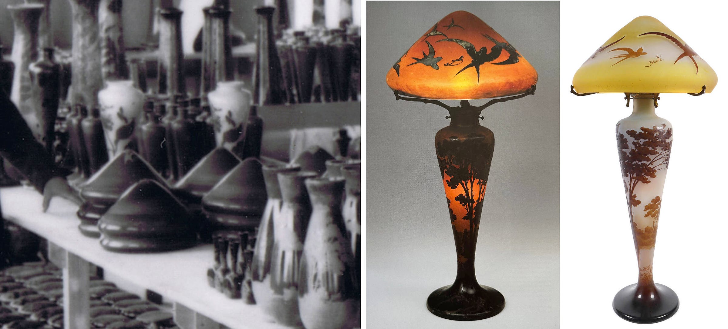 Left, five stacks of two to three lamps hats perhaps from the orange and black Hirondelles et paysage series, with a matching foot on the far left, anonymous picture from inside the Gallé factory men workshops, circa November 1912 (private collection). Right, two examples of Swallows over a forest landscape lamps: left, from the Gerda Kœpff collection (Ricke, Schmitt 2004, cat. 58), Mk III-signed; right, from LiveAuctioneers 2021, with mismatched Mk III and Mk IV signatures.