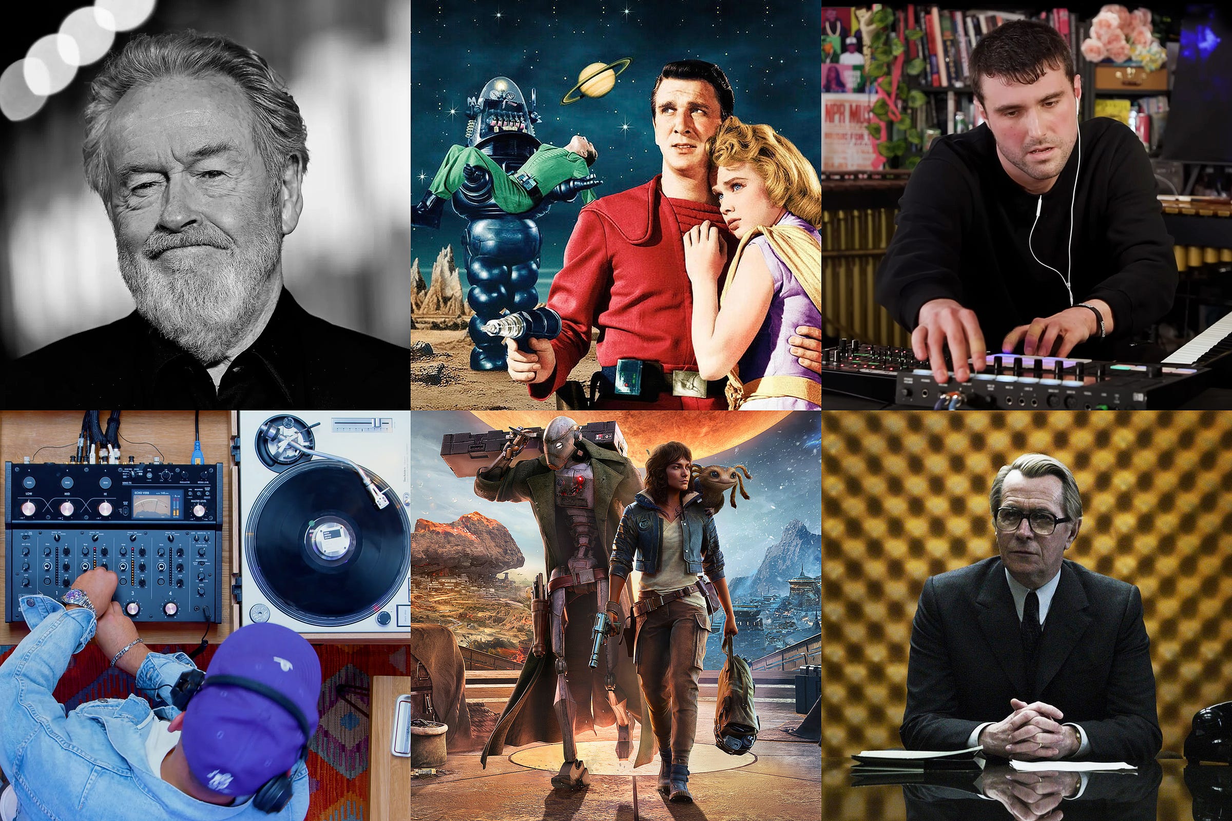 Grid of six squares with images (left to right, top to bottom) of Ridley Scott, Forbidden Planet movie poster, musician Fred again, the overhead image of DJ and turntables, Star Wars: Outlaws poster, and actor Gary Oldman in the Tinker, Tailor, Soldier, Spy movie