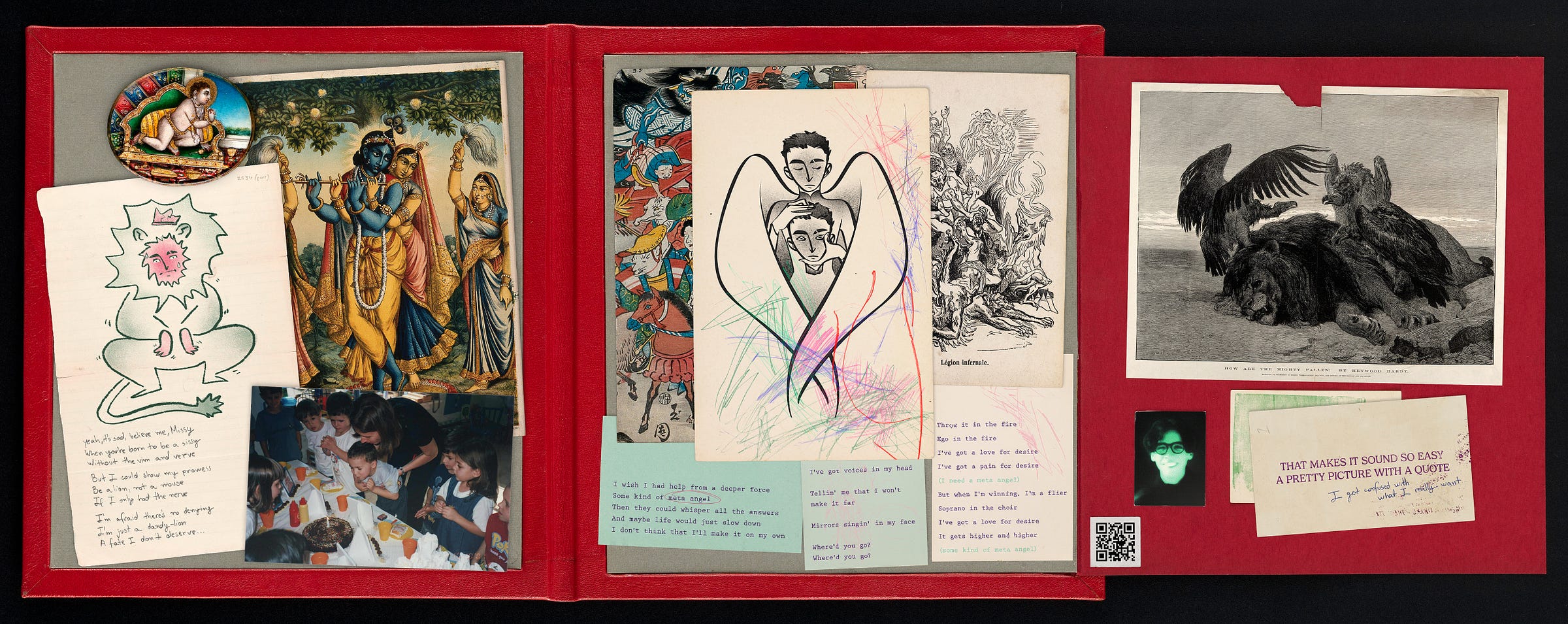 Various kinds of pictures lay over a red and gray opened album; the images are printed and drawn, and there are two photographs. Besides the photos, some things are illustrated, and others display song lyrics.