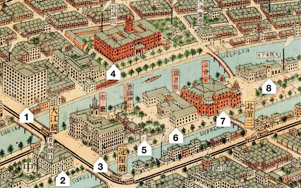 1924 illustrated bird's-eye map of Nakanoshima, Osaka 1924 illustrated bird's-eye map of Nakanoshima, Osaka