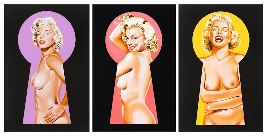 Mel Ramos, ‘PEEK-A-BOO MARILYN’ 1-3 (THREE WORKS), three lithographs printed in colours, 80 x 71.1cm. Photo © Sotheby’s Mel Ramos, ‘PEEK-A-BOO MARILYN’ 1-3 (THREE WORKS), three lithographs printed in colours, 80 x 71.1cm. Photo © Sotheby’s
