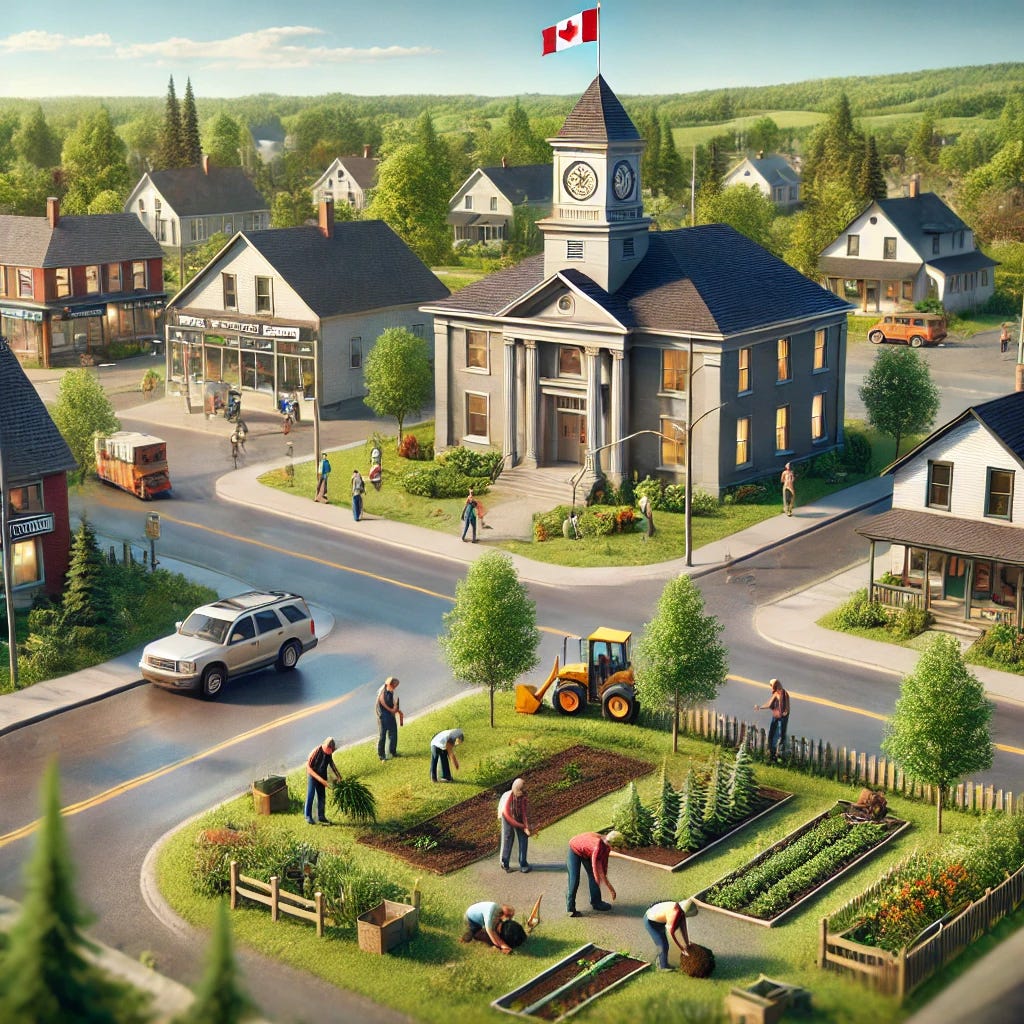 A realistic image representing local governance and community-centered environmental stewardship in a Canadian town. The scene includes a town hall, well-maintained roads, a small park where residents are planting trees, and a community garden with people working together. The setting features traditional small businesses and houses in local architectural styles, with no green technology present. The background emphasizes a simple, practical community atmosphere focused on local pride, unity, and resilience through community-driven initiatives. The overall atmosphere is warm and welcoming, embodying a focus on people and place.