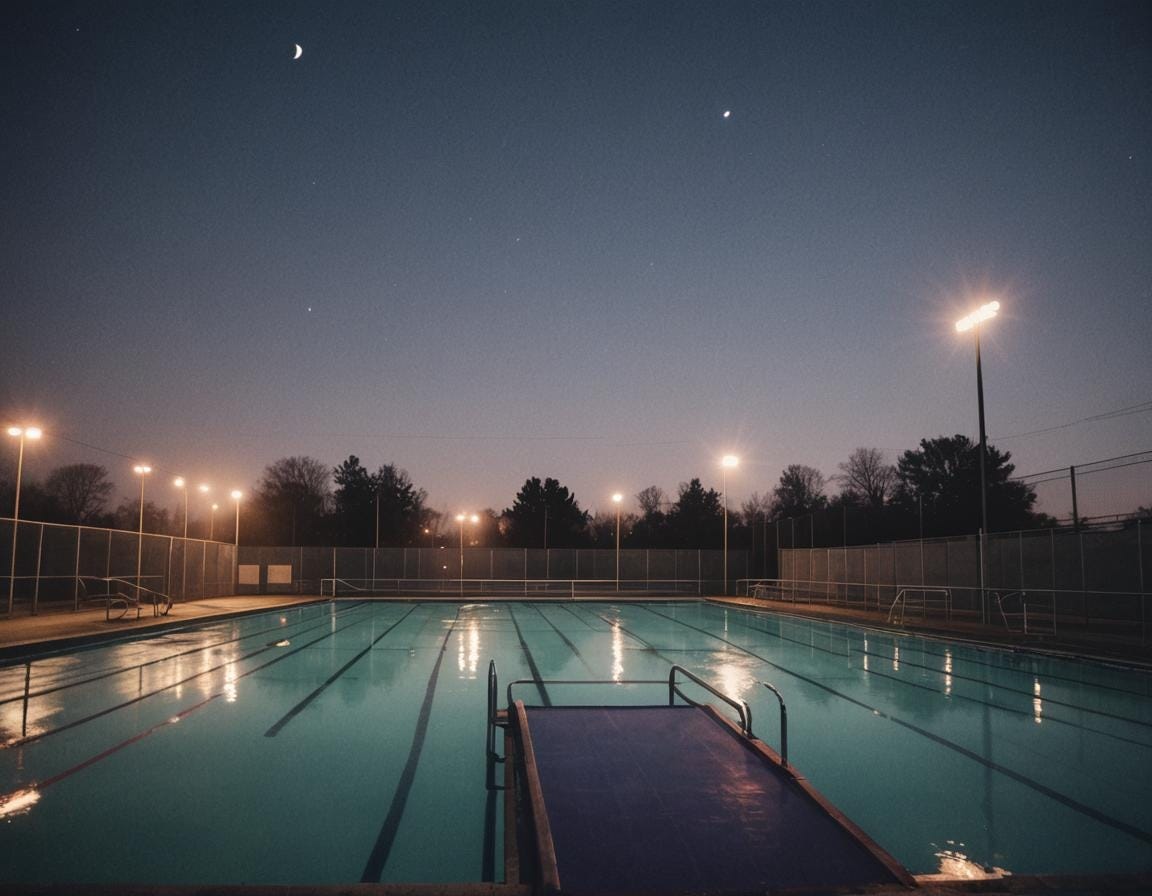 A deserted swimming pool in the dusk, the setting for one of the dritical scenes in "Coding by Candlelight"