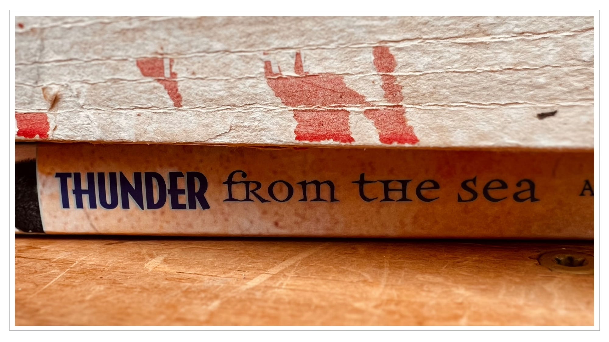 close-up of book, torn spine and book entitled thunder from the sea
