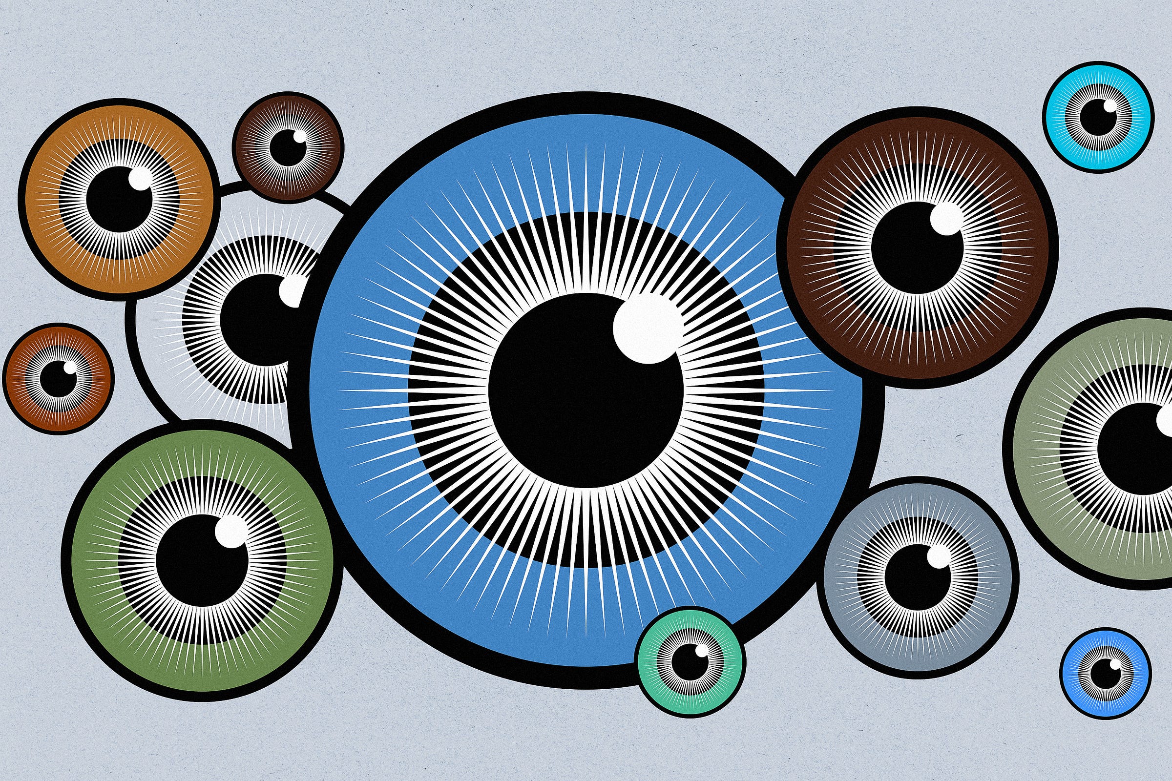 Graphic illustration with a number of eyes of different sizes and colors.