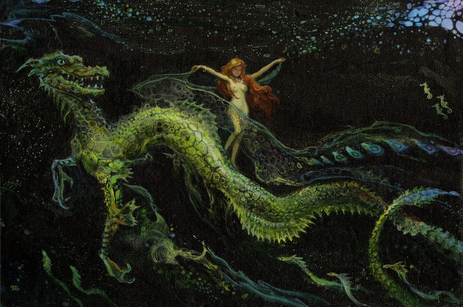 Floating in a dark bubbly sea, a naked woman with flowing red hair spreads her arms wide, turning playfully to draw a transparently patterned cape behind her. Curious while passing by, a green sea dragon cranes its neck. Its sinuous body curves and rolls before finally looping back at the tip of its spaded tail. Foreclaws loll as it pauses between strokes, entranced by the aquatic dance. The woman holds out the ends of the jellyfish-like veil and it shifts in pattern as it flows in front of her. Leopard spots flare fiery in contrast passing over pale skin. Extending past her, the pattern morphs into abstract splotches much like the eyespots on a peacock feather, growing in size and shifting from green to blue to purple as the veil trails off panel.