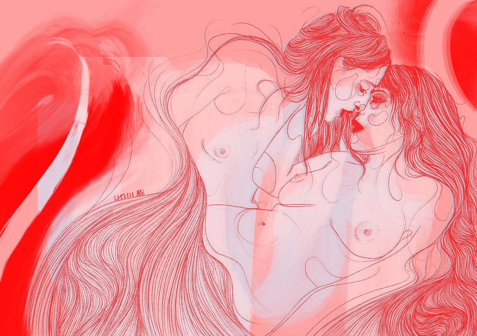a red line drawing of a nude couple entwined in long hair. the background is pink and pale blue with big red brush strokes to the sides