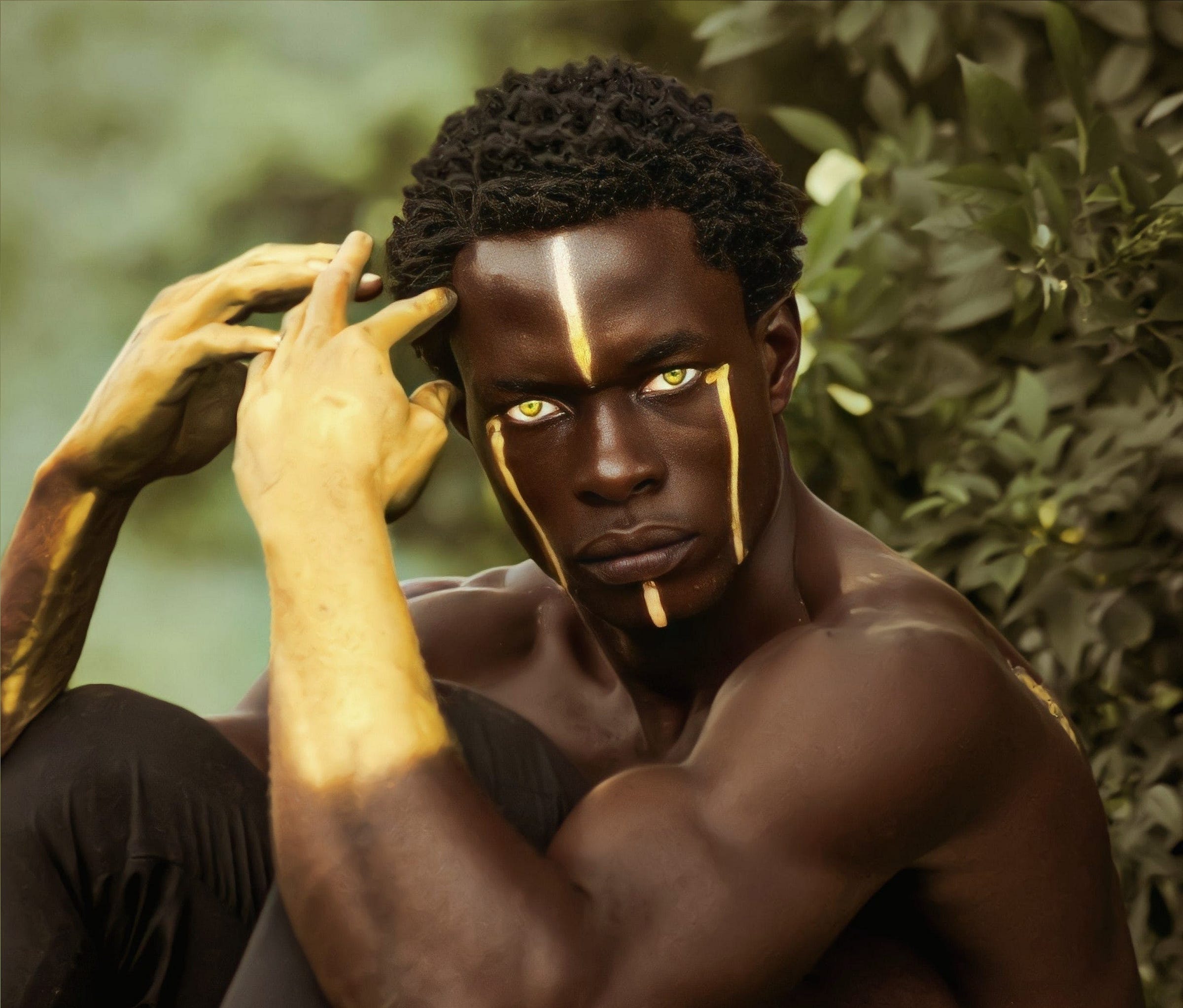 A man of African descent stares into the came lens wearing neon yellow contact lenses, four vertical yellow stripes of paint on his face, and his forearms are covered in yellow paint. He’s posing amidst bushes and greenery in the background. A man of African descent stares into the came lens wearing neon yellow contact lenses, four vertical yellow stripes of paint on his face, and his forearms are covered in yellow paint. He’s posing amidst bushes and greenery in the background.