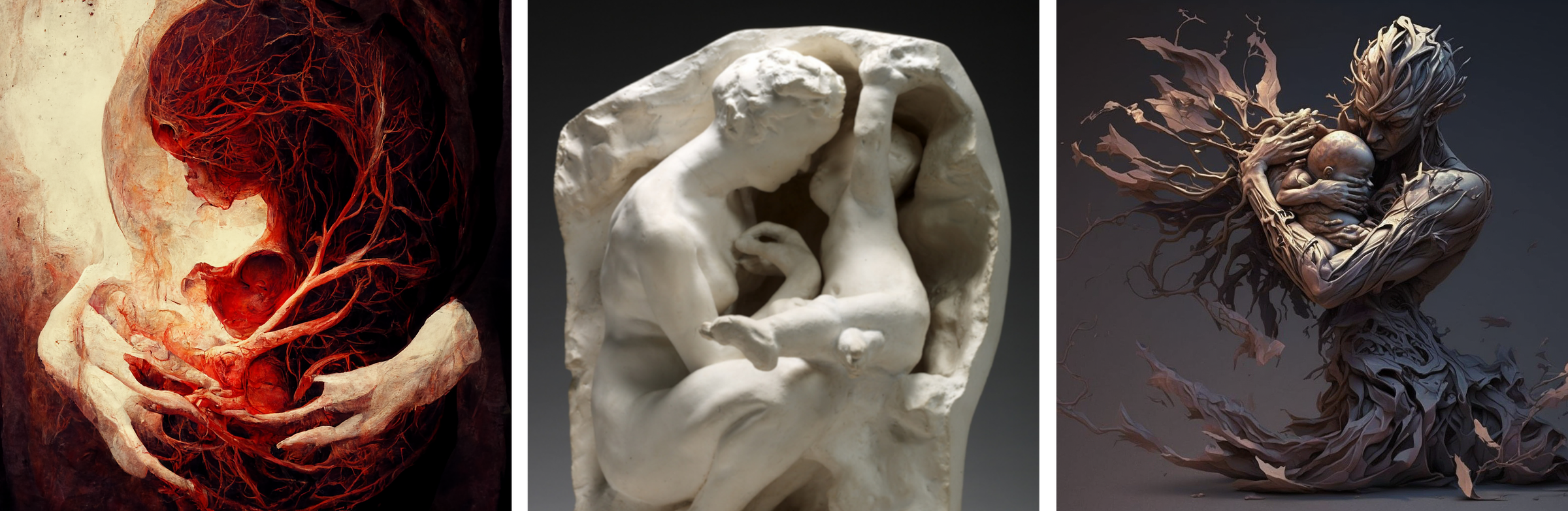 1) Miele: an illustration of two pale, fleshy objects that resemble hands below a large, branching, arterial mass that evokes an internal view of a womb or fetus. It looks as though it may have been drawn by hand with colored pencil, or painted with watercolor. 2) Rodin: a plaster sculpture of a crouching woman with a baby resting on her knees. One of her hands is held up, bent toward her chest. Both mother and child are framed by and partially enveloped in a cave mouth, and they are looking into it. The child is leaning toward and into the cave. 3) A highly stylized illustration of a woman holding a baby in her arms, close to her chest. She looks down to its head and nuzzles it. She is made of large leaves or seaweed being lifted and blown to the side by wind, with a branch-like texture on her arms and head. From the waist down, her body becomes more loosely defined and seems to be more a mass of leaves than human. This mass is truncated below where her buttocks would be, and she rests on the floor.