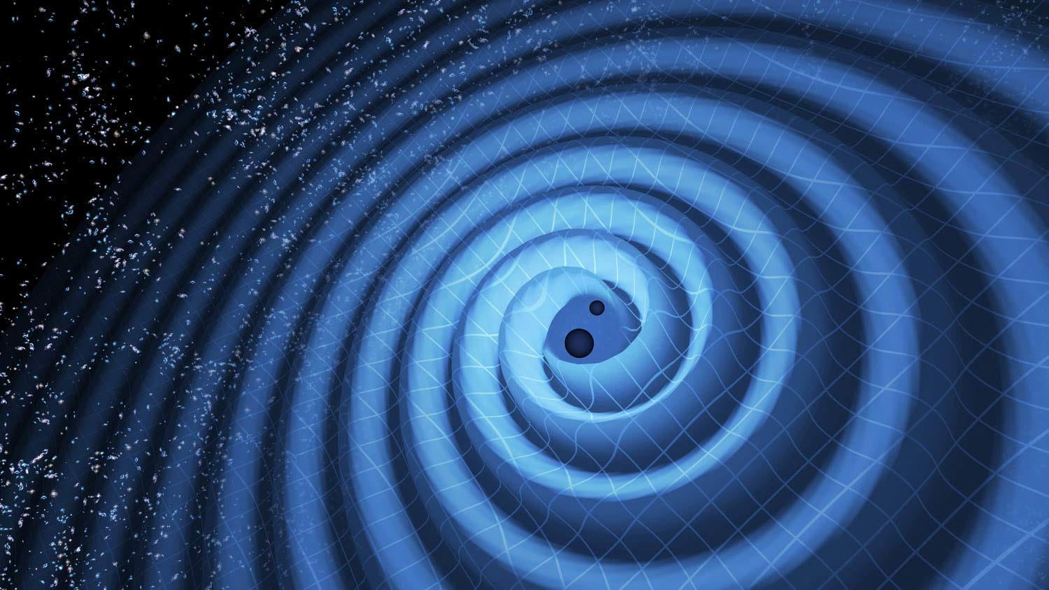Two black holes, shown as black circles, close together in orbit. The gravitational waves are depicted as ripples moving across a blue grid that represents spacetime.