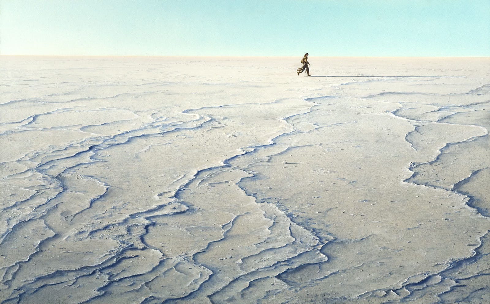 Striding across a sun bleached wasteland, a haggard gunslinger casts a long shadow.   Set high on the canvas near the horizon, his figure is diminutive in the vastness of the barren terrain. He has made his way a little right of center but his shadow almost reaches the end. Hardened lines in the sand resemble branching blue veins drawing the viewers eye back to the gunslinger. The sky above is tranquil beginning almost white on the left, a hint of the sun off-panel, and stretching in a long band of desaturated cyan.