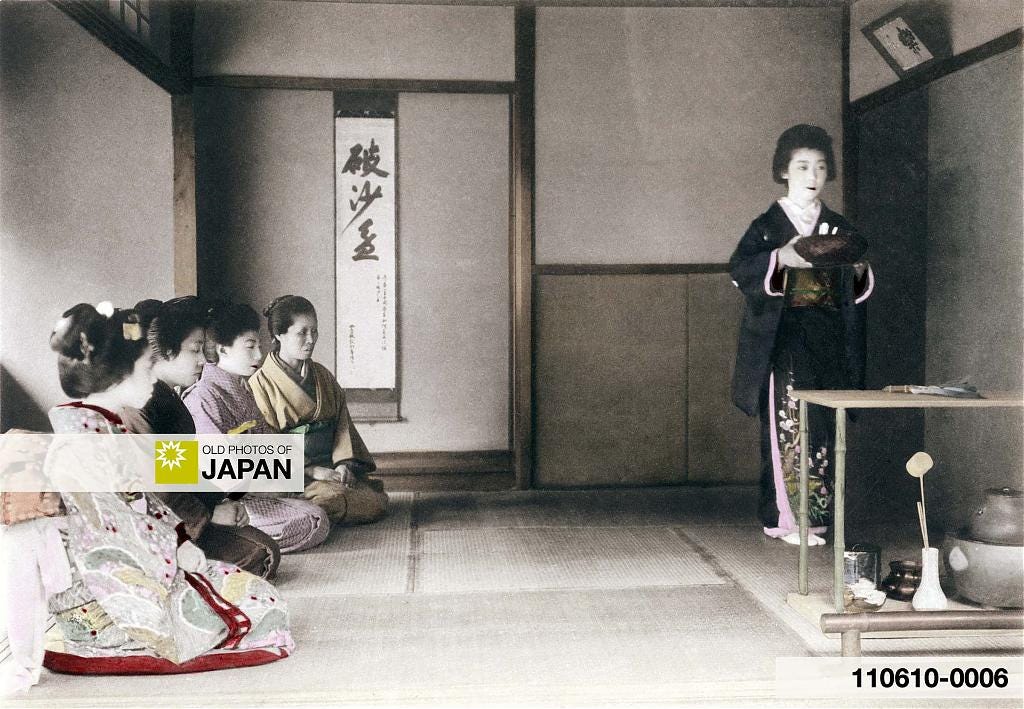 Japanese tea ceremony hostess enters, 1907