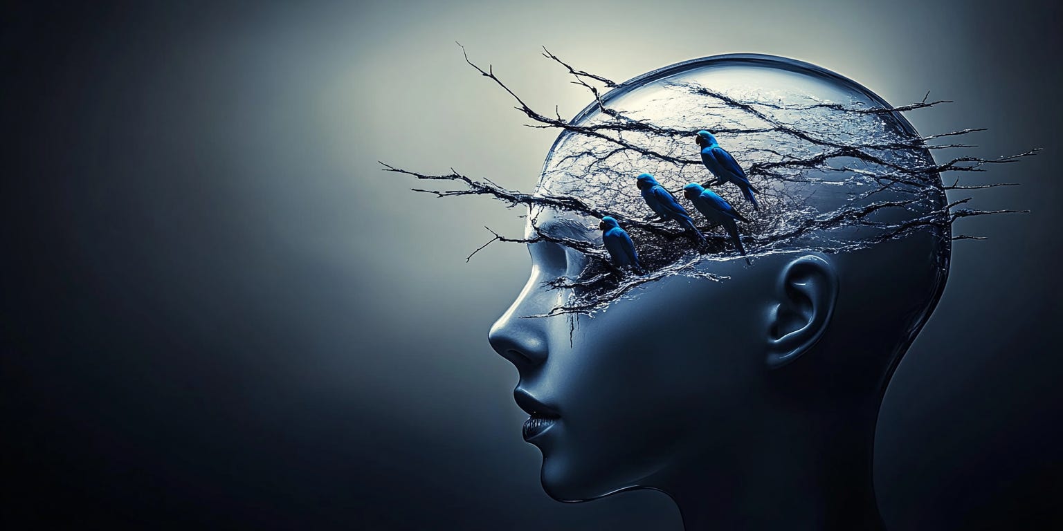 A minimalist surreal scene: A human head in profile made of glass or crystal, with cracks spreading across its surface. Inside the head, instead of a brain, there's a small group of parrots perched on branches, all facing the same direction, their feathers a gradient of blue to grey. The background is a clean white void, creating high contrast. The lighting is soft and dreamy, creating subtle reflections in the glass head.