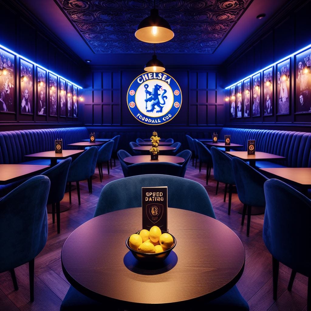 Speed dating room, dark blue and purple atmosphere, chelsea fc, empty tables, nobody in the room and a bowl of lemons