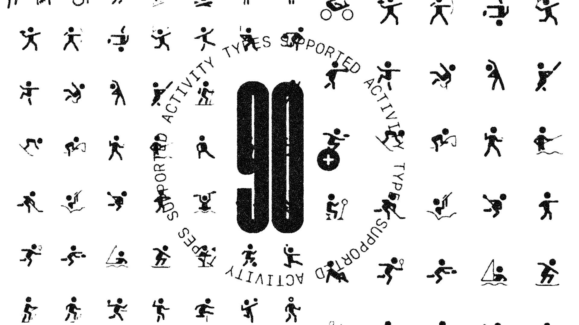 An array of Activity icons in black and white with the header "90+ Activity types supported."