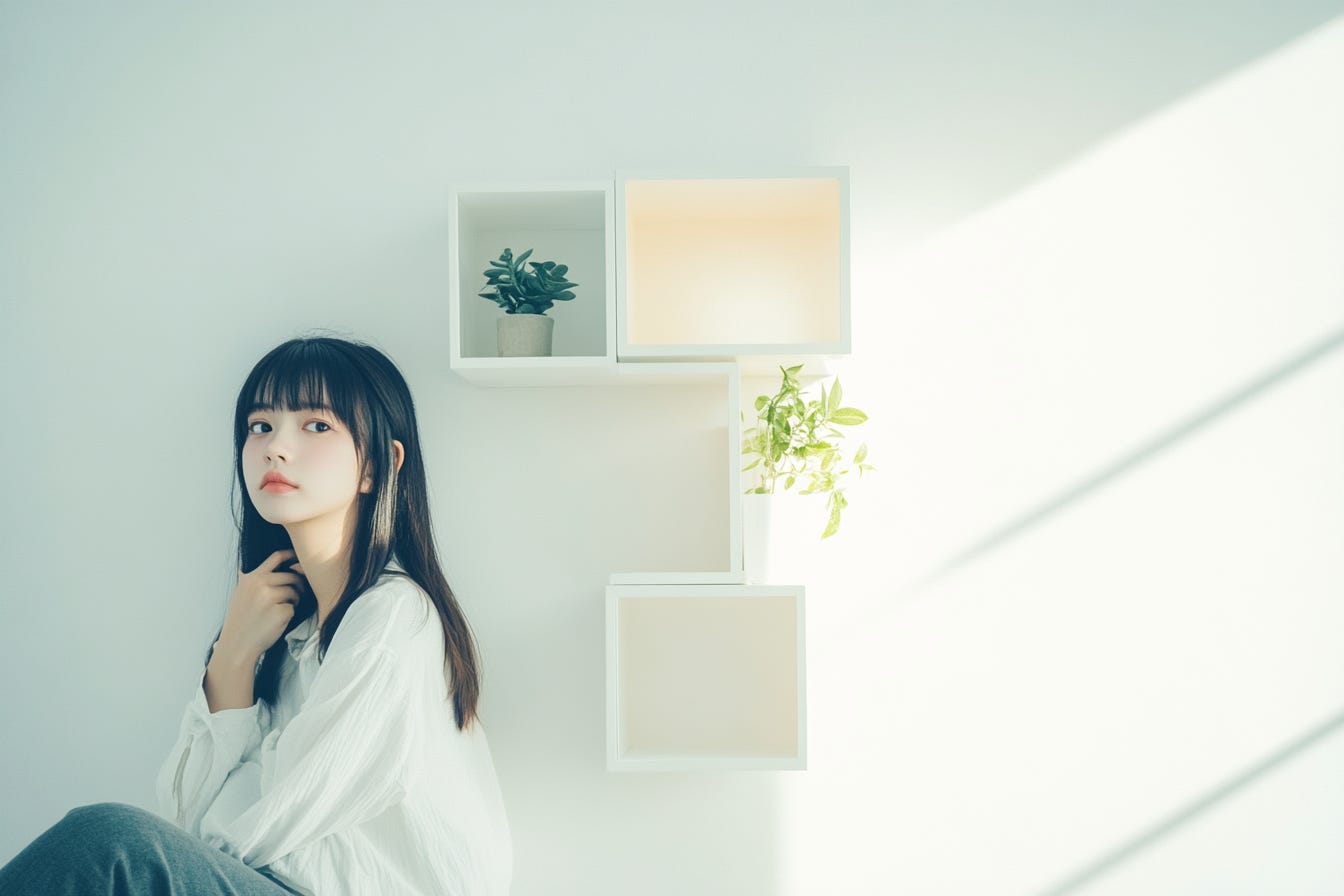 A young woman in a minimalist interior.