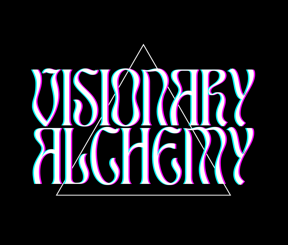 Visionary Alchemy logo: wavy glitchy text over a triangle against a black background
