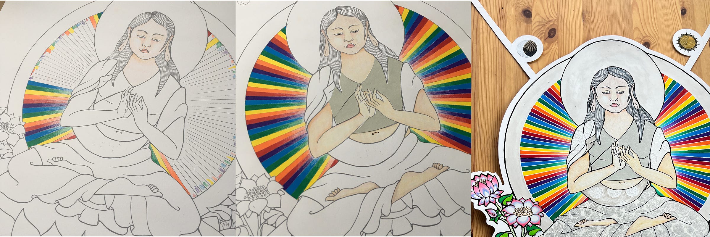 Thre progress photos of Vairocana Buddha as a Korean woman with a rainbow array behind her. 