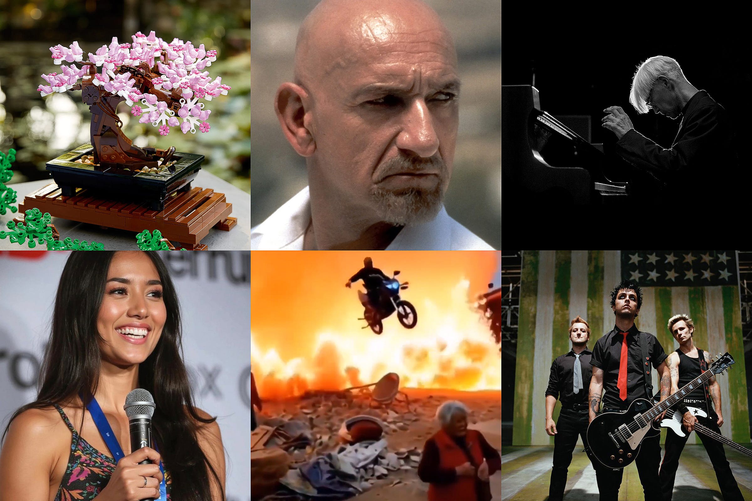 Grid of six different images: LEGO Bonzai, Ben Kingsley, Ryuichi Sakamoto, young woman holding a microphone, motorcycle in the air with a background of flames, and the band Green Day