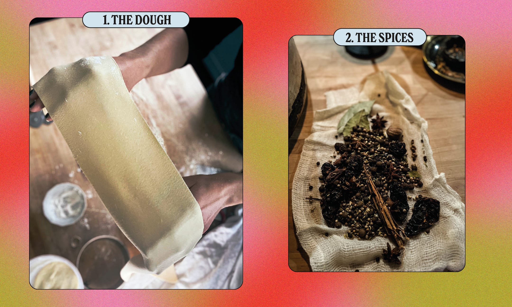 On the left, an image of dumpling dough being stretched; on the right, a bundle of spices in cheesecloth on a counter